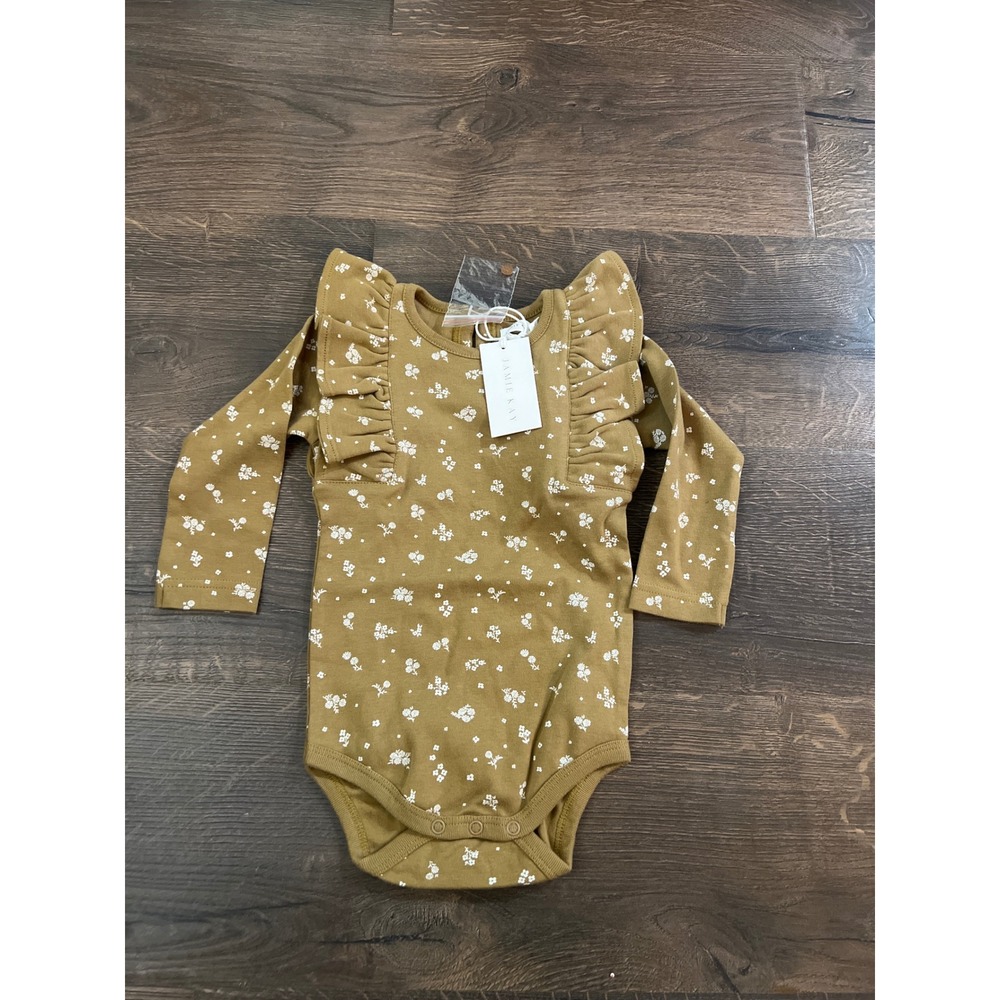 Jamie Kay Mustard Floral Ruffle‎ Long Sleeve Bodysuit Baby Girl 1Y NWT